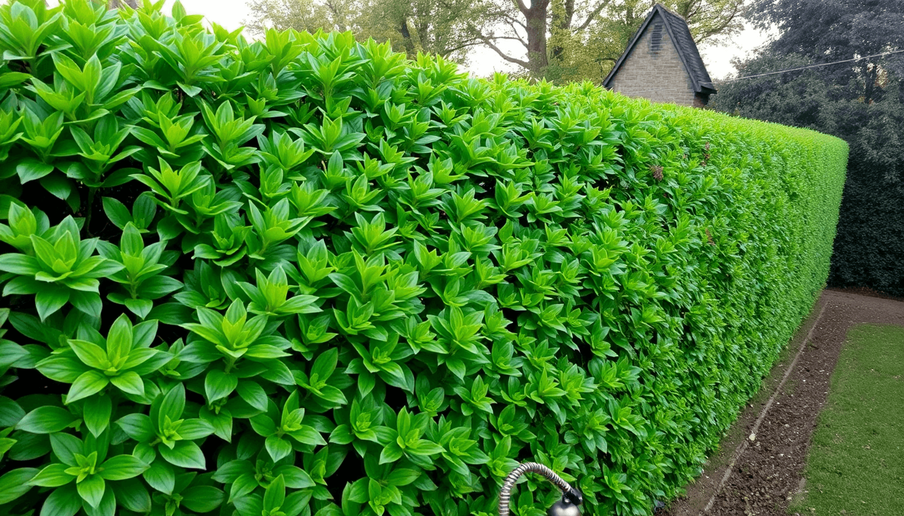 En pænt trimmet frodig grøn havehæk med sund ny vækst, badet i blødt naturligt lys i en fredelig baghave.