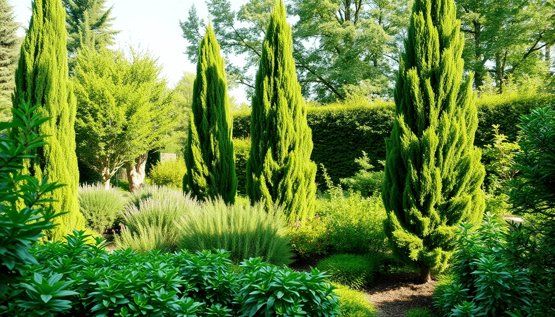 Lys dansk have med eviggrøn cypress, kamelia og frodige bunddækkeplanter i naturligt lys, der viser en pæn, lav vedligeholdelse landskab.